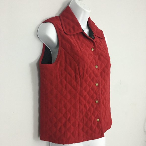 Talbots Womens Petites Stretch Red Quilted Gold Snap Front Polyester Blend Vest - Picture 2 of 7